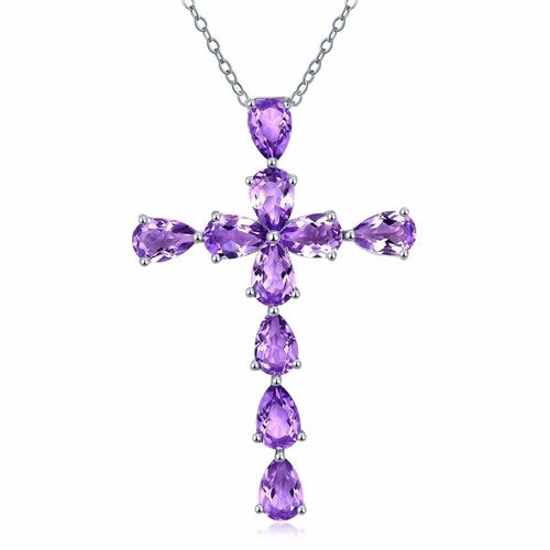 925 Argent Plaqué Améthyste Couleur Synthétique Pierre Pendentif Croix Collier Clavicule Femme Lvn4086