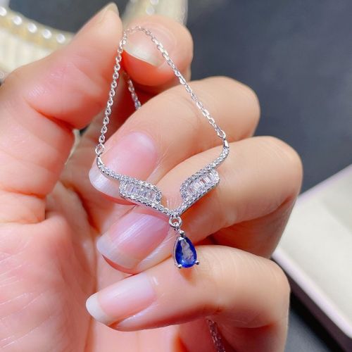 Imitation Collier Saphir Non Brûlé Sri-Lankais Naturel Ailes D'ange Femme T Carré Diamant Pendentif Ensemble Chaîne Lvn4099