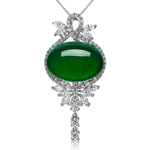 Pendentif Calcédoine Vert Agate Émeraude Synthétique Pendentif Femme Jade Micro-Serti Cluster Collier En Argent Argent Lvn4272