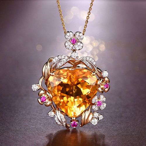 Imitation Brésilienne Naturelle Citrine Coeur Pendentif 20x20 Surdimensionné Visage À Carreaux Nid D'oiseau Coupe Coloré Trésor Collier Lvn4298