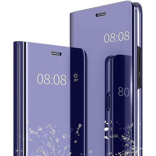 Coque Pour Samsung Galaxy Note 10 Plus,Étui Housse Transparente Antichoc Intelligente Coque Flip Cover,Standing Placage Technologie Clear View Mirror Protection Case,Violet