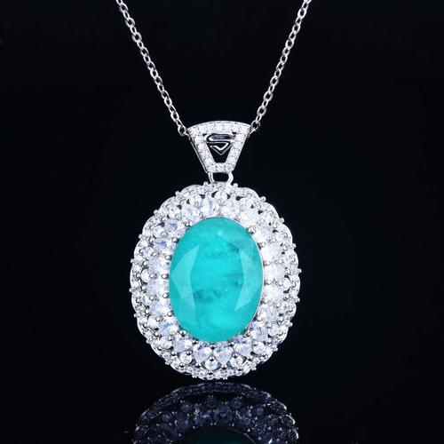 Collier Vintage Full Diamond Lake Blue Imitation Paraiba Oeuf Forme Grand Carat Coloré Treasure Tourmaline Pendentif Lvn4413