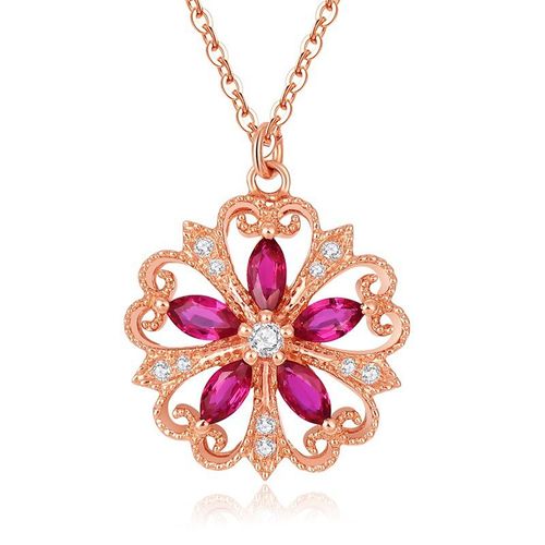 Pendentif Fleur Au Trésor Coloré Collier En Argent Avec Pierres Précieuses Rouges Jour De La Femme Plaqué Or Rose 18 Carats Lvn4478