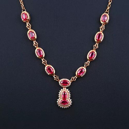 Imitation Naturel Pigeon Sang Rubis Collier 18k Plaqué Or Rose Zircon Mariage Banquet Coloré Ensemble De Bijoux Chaîne Lvn4531