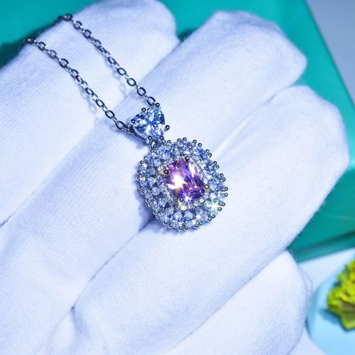 Pt950 Plaqué Or Blanc Super Étincelant Diamant Rose Pendentif Princesse Plein De Diamants Coeur Collier De Fiançailles Lvn4614