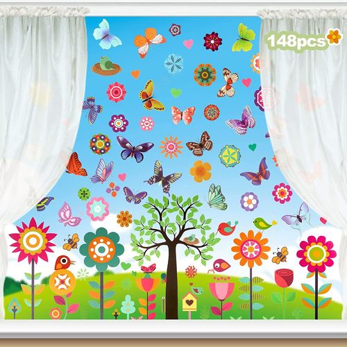 148Pcs Autocollants Fenêtre Papillon,9 Feuilles PVC Autocollant Réutilisables,Anti-Collision Fleurs Fenetre Electrostatique