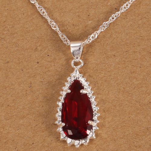 Ebay Rubis Incrusté Goutte Pendentif En Forme De Poire S925 Plaqué Argent Double Chaîne Vague D'eau Collier Lvn4669
