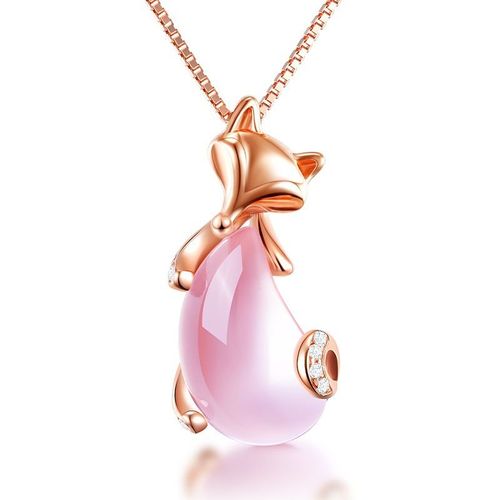 Collier Or Rose Chaîne Clavicule Femme Cristal Rose Pendentif Petit Renard Hibiscus Pierre Précieuse Argent Lvn4721