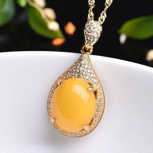925 Argent Plaqué Or Plaqué Jade Poulet Huile Jaune Ambre Cire D'abeille Pendentif Femme Topaze Et Calcédoine Collier Lvn4752