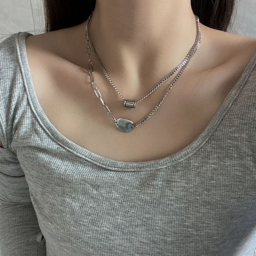 Collier Double Plaqué Argent Pendentif Boule Géométrique Lettre Courbe Courte Chaîne Clavicule Collier Femme Lvn4813