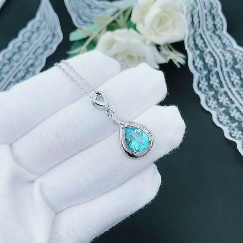 Pendentif Larmes De Sirène Plaqué Argent S925 Topaze Bleu Goutte D'eau Poire Collier Femme Lvn4829