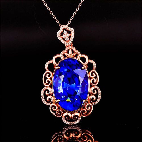 Collier Plaqué Or Rose 18 Carats Avec Zircone Et Pendentif Imitation Saphir Tanzanite Naturelle Lvn4828