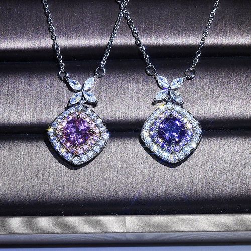 Pendentif Arc Plaqué Pt950 Collier En Cristal Rose Synthétique Micro Incrustation Pendentif Violet Carré Lvn4850