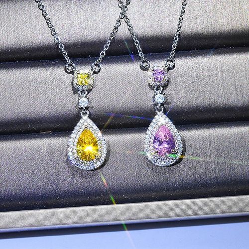 Pendentif Goutte D'eau Poire Coeurs Et Flèches Plaqué Zircon Pt950 Collier Carré En Cristal Rose Synthétique Lvn4847