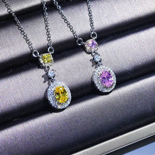 Plaqué Pt950 Imitation Diamant Jaune Collier Ovale Cristal Rose Pendentif Plein Diamant Pour Femme Lvn4845