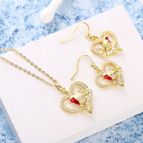 Oiseau Moineau Troglodyte Pendentif Coeur Plaqué Or Jaune Collier Clavicule Micro-Set Lvn4895
