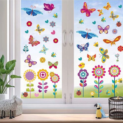 Autocollants Fenêtre Papillon,9 Feuilles PVC Autocollant Réutilisables,Anti-Collision Fleurs Fenetre Electrostatique