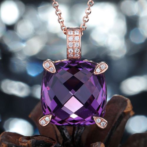 Creative Mesdames Carré Princesse Améthyste Pendentif Micro Ensemble 18k Or Rose Collier Pendentif Lvn4951