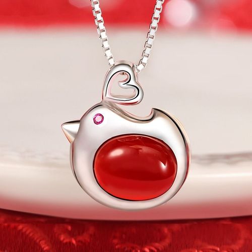 Pendentif Poulet Zodiaque Femelle Agate Rouge Collier De Poulet De Bon Augure Chaîne Courte Clavicule Argent Lvn5019