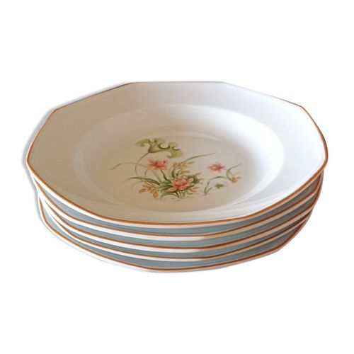 5 Assiettes Creuses En Porcelaine De Sologne Nnuphars Rose