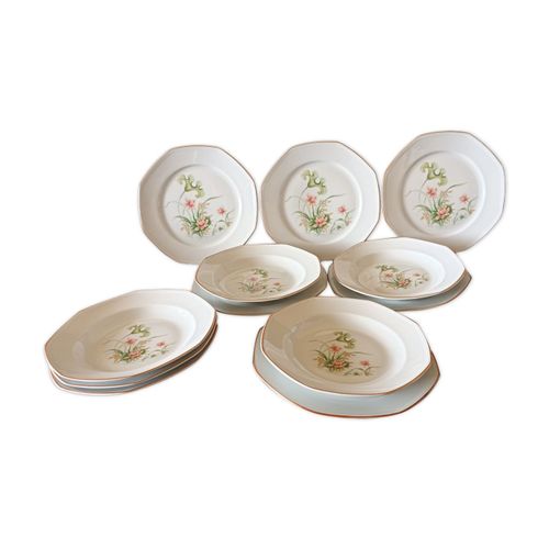 12 Assiettes En Porcelaine De Sologne Nnuphars Rose