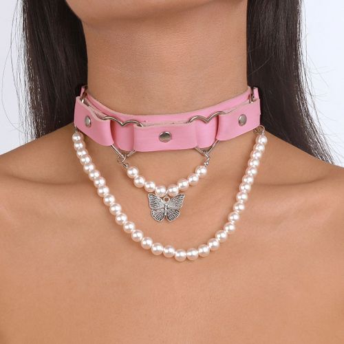 N10776 Collier En Cuir Exagéré Imitation Perle Papillon Fille Coeur Rose Collier De Tir De Rue Lvn5349