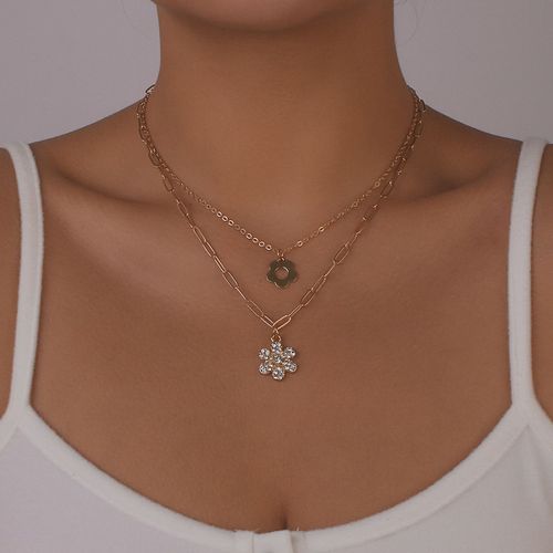 N10017tiktok Métal Fleur Creux Plein Diamant Collier Géométrique Chaîne Double Couche Collier Lvn5492