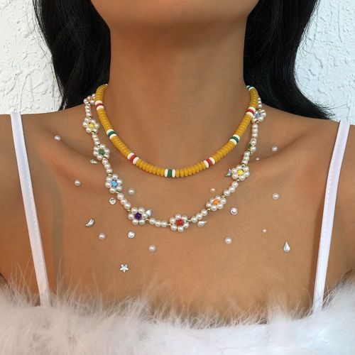 N9665 Collier Ethnique Femme Résine Imitation Perle Fleur Exagérée Fille Coeur Doux Clavicule Collier Lvn5719