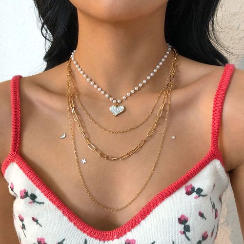 N9685 Collier De Perles Femme Géométrique Amour Diamant Collier Multicouche Collier De Tir De Rue Lvn5697