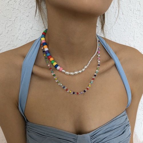 N9459 Bohème Couleur Perle Collier Imitation Perle Résine Collier Rétro Hip Hop Double Couche Collier Femmes Lvn5783