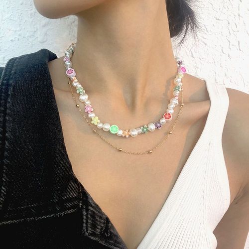 N9152 Collier Alliage Résine Fleur Collier Imitation Perle Clavicule Chaîne Ensemble Femmes Lvn5867