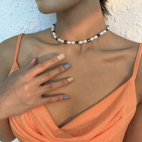 N8802 Collier De Perles D'imitation Résine Géométrique Carré Amour Lune Collier Collier De Perles À La Main Lvn5925