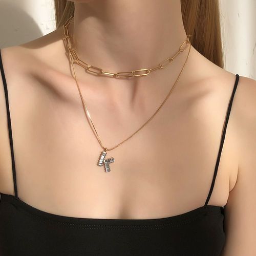 N8263 Imitation Diamant Double Clavicule Chaîne Français Rétro Géométrique Pendentif Collier Lvn5999