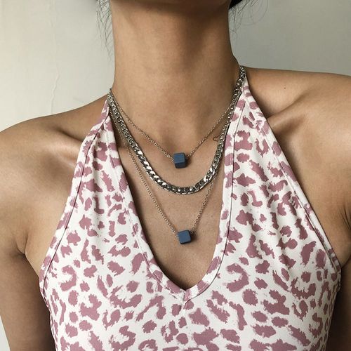N8222 Collier Bleu Résine Carré Pendentif Double Couche Collier Chaîne Clavicule Chaîne Lvn6046