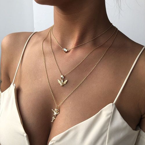 N7587 Collier Créatif Femme Oiseau Volant Petit Homme Doré Pendentif Alliage Multicouche Hipster Clavicule Chaîne Lvn6074