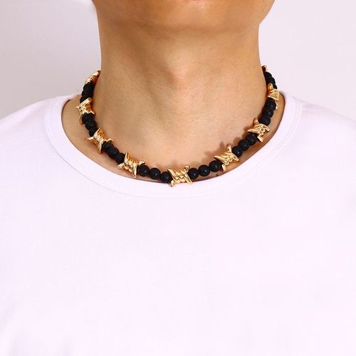 Collier Ethnique Homme Pierre Volcanique Noire Givrée Noeud Exagéré Lvn6321