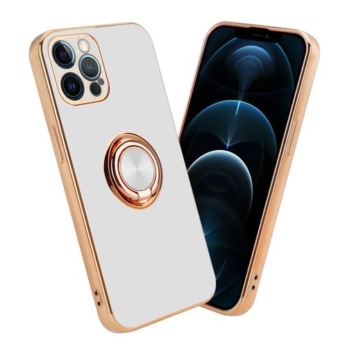 Cadorabo Housse Pour Apple Iphone 12 Pro Max En Glossy Blanc - Or Avec Anneau - Étui De Protection En Silicone Tpu Flexible, Avec Protection Pour Appareil Photo Et Support Voiture Magnétique