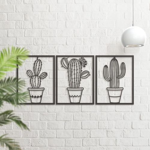 Décoration Murale Cactus en pot géométrique en Métal, 3 panneaux Line Art Mural Cactus En Métal, Déco Cactus wall art 156 x 74 cm