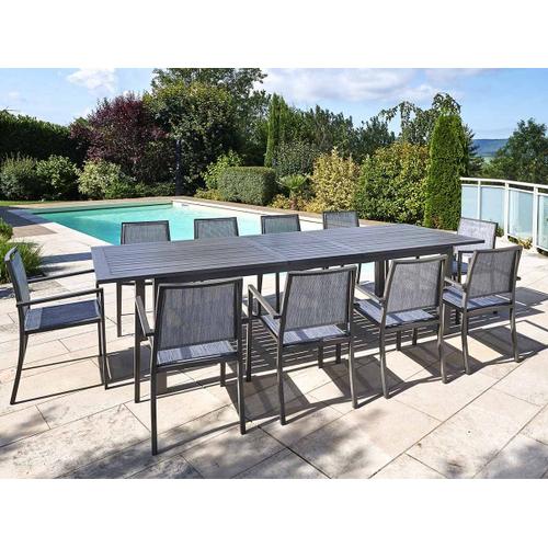 Table Rectangulaire Extensible En Aluminium Aspect Teck Gris Santorin Avec 10 Fauteuils - Jardiline