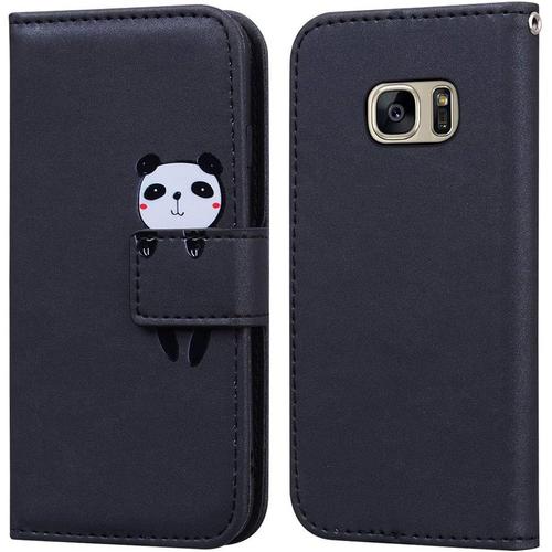 Coque Pour Samsung Galaxy S7, Mignon Cartoon Animal Panda Etui Portefeuille En Cuir Pu Housse Avec Fonction Stand, Fermeture Magnétique, Emplacements De Cartes -Noir