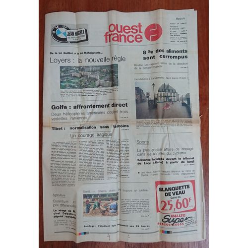 Journal Ouest France Vendredi 9 Octobre 1987 N°13060 Editions Redon- Normandie, Bretagne, Pays De Loire- 8% Des Aliments Corrompus, Golfe: Affrontement Direct, Loyers: La Nouvelle Règle