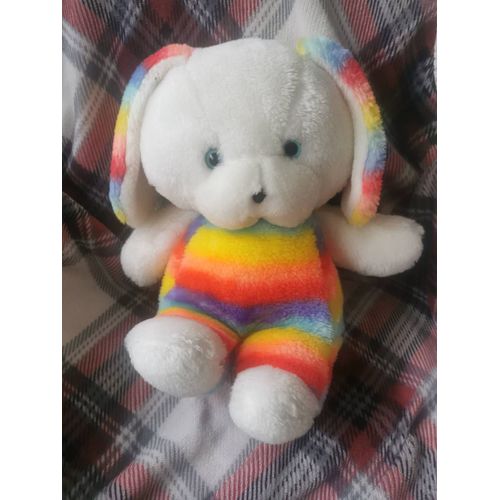 Doudou Peluche Chien Blanc Assis Multicolore Arc En Ciel Vintage