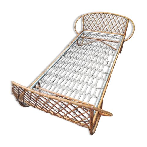 Lit Corbeille Rotin Vintage Enfant Banquette Annes 60 Bois