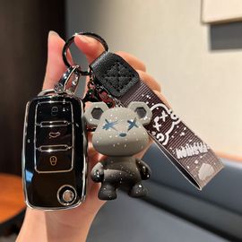 Coques De Clé Couverture De Clé De Voiture Skoda Octavia Speedway Xinrui Xindong Haorui Jingrui Keluoq Kodiak Boucle De Boîtier-Skoda Type A - Pliant 3 Boutons [Coque Simple Noir] + Pendentif Ours Violent Gris