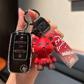 Coques De Clé Couverture De Clé De Voiture Skoda Octavia Speedway Xinrui Xindong Haorui Jingrui Keluoq Kodiak Boucle De Boîtier-Skoda Type A - Pliant 3 Boutons [Coque Simple Noir] + Pendentif Ours Violent Rouge