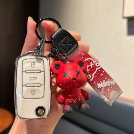 Coques De Clé Couverture De Clé De Voiture Skoda Octavia Speedway Xinrui Xindong Haorui Jingrui Keluoq Kodiak Boucle De Boîtier-Skoda Type A - Pliant 3 Boutons [Single Shell Blanc] + Pendentif Ours Violent Rouge