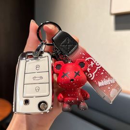 Coques De Clé Couverture De Clé De Voiture Skoda Octavia Speedway Xinrui Xindong Haorui Jingrui Keluoq Kodiak Boucle De Boîtier-Skoda Type B - Pliant 3 Boutons [Single Shell Blanc] + Pendentif Ours Violent Rouge