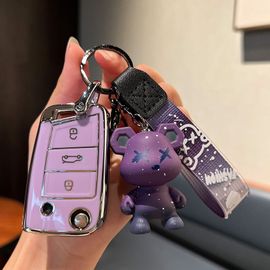 Coques De Clé Couverture De Clé De Voiture Skoda Octavia Speedway Xinrui Xindong Haorui Jingrui Keluoq Kodiak Boucle De Boîtier-Skoda Type B - Pliant 3 Boutons [Coque Simple Violet] + Pendentif Ours Violent Violet