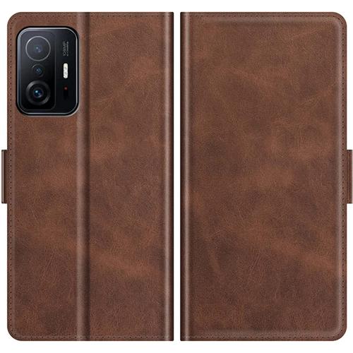 Beekk Coque Folio Pour Xiaomi 11t/11t Pro, Housse Étui En Cuir Flip Portefeuille Avec [Carte Fente][Stand][Double Boucle Magnétique],Pu/Tpu Coque Antichoc Flip Case Cover,Marron