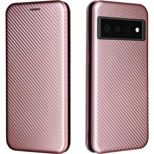 Beekk Coque Pour Google Pixel 6 Pro,Housse Étui En Fibre De Carbone Cuir Flip Portefeuille Avec Espèces Et Carte Fente,Pc/Tpu Antichoc Protection Phone Case Cover-Rose